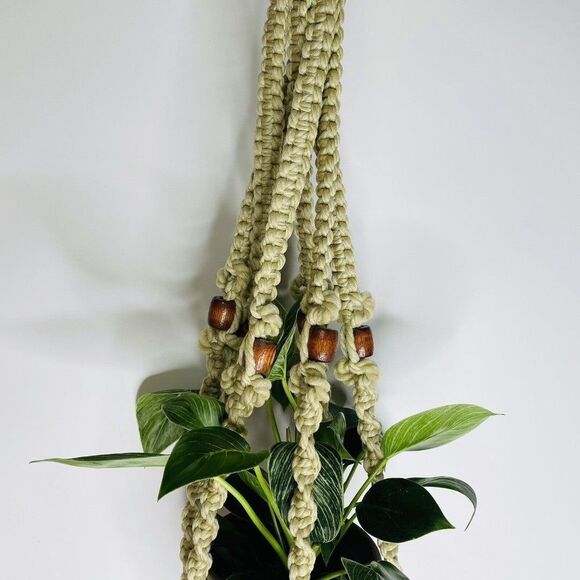 Macrame Plant Hanger Woven White Wood Beads 36" Long Vintage BOHO MCM - Picture 6 of 11